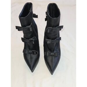 Dolls Kill Mourning Belle Widow Heeled Black Satin Pointed Ankle Boots Bows 6M‎